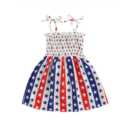 

FOCUSNORM Toddler Baby Girl 4th of July Dress Strap American Flag Dress Summer Little Girls Independence Day Outfits