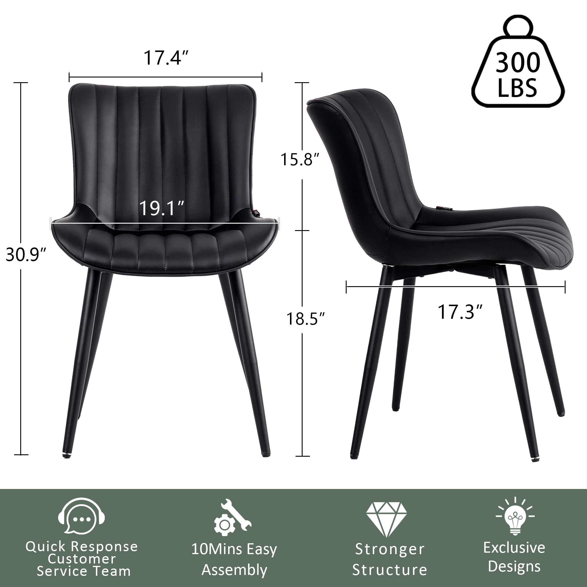 YOUNIKE Soft Dining Chair Set of 2 Black PU Leather Upholstered Full Back Side Chair