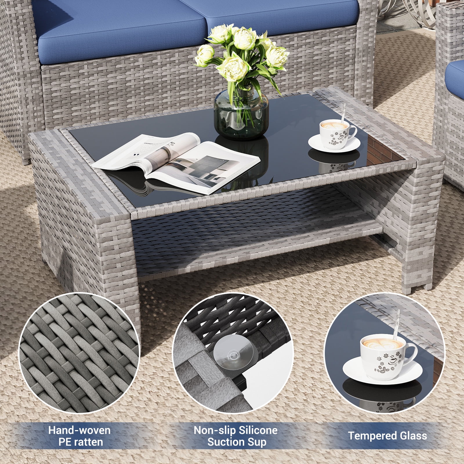 ELPOSUN Wicker Patio Furniture Set, 4 Piece Outdoor Sectional Conversation Sets, Gray PE Rattan Patio Sofa Set for Balcony, Porch, Backyard, Navy Blue