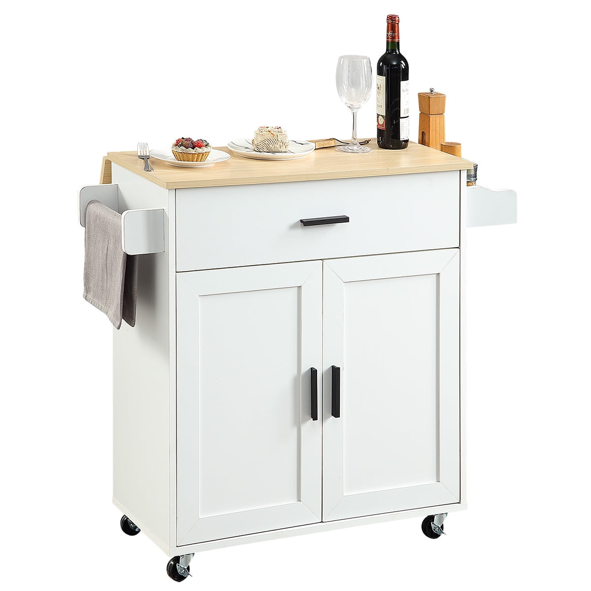 38-inch Rolling Kitchen Island Cart with Drop Leaf, Mobile Kitchen Center with Storage Cabinet, Drawer, Spice Rack and Towel Holder, White