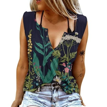 

koaiezne Women Casual V Neck Cutout Floral Dots Printing Hole Sleeveless Tank Blouse Top Bohemian Tops for Women Summer Camisole Shelf Bra