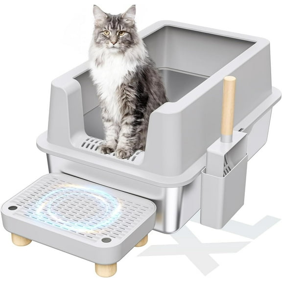 Gogcaro Enclosed Stainless Steel Cat Litter Box with Lid Extra Large Litter Box for Big Cats XL Metal Litter Pan Tray with High Wall Sides Enclosure, Non-Sticky, Anti-Leakage, Easy Cleaning