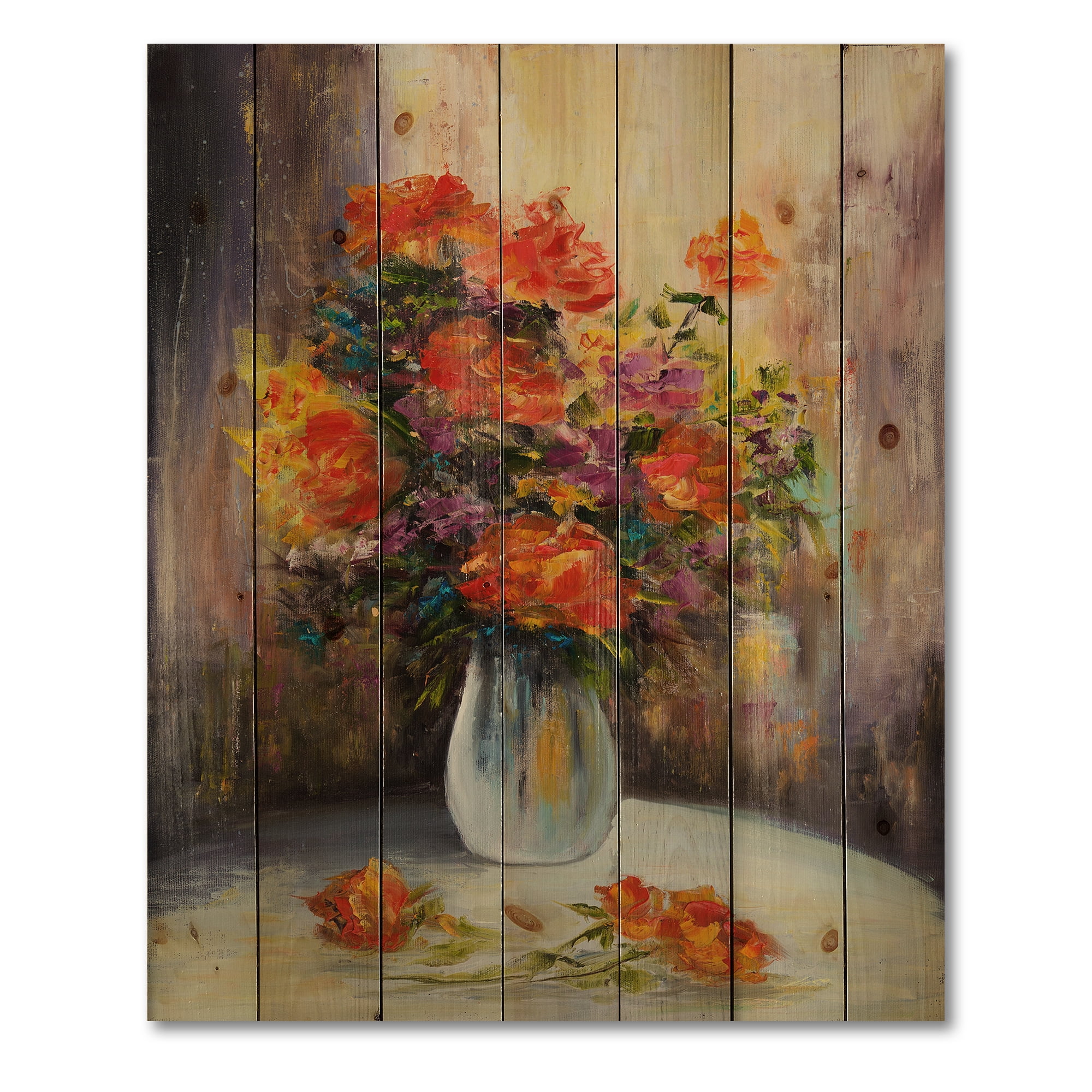 Designart 'Still Life Bouquet With Yellow and Red Flowers' Traditional Print on Natural Pine Wood