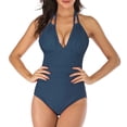 thumbnail image 4 of WREESH Womens One Piece Swimsuit Solid Color Swim Suits Fashionable and Camisole with Hanging Neck and Backless Swimsuit Sleeveless Bathing Suits Navy, 4 of 9