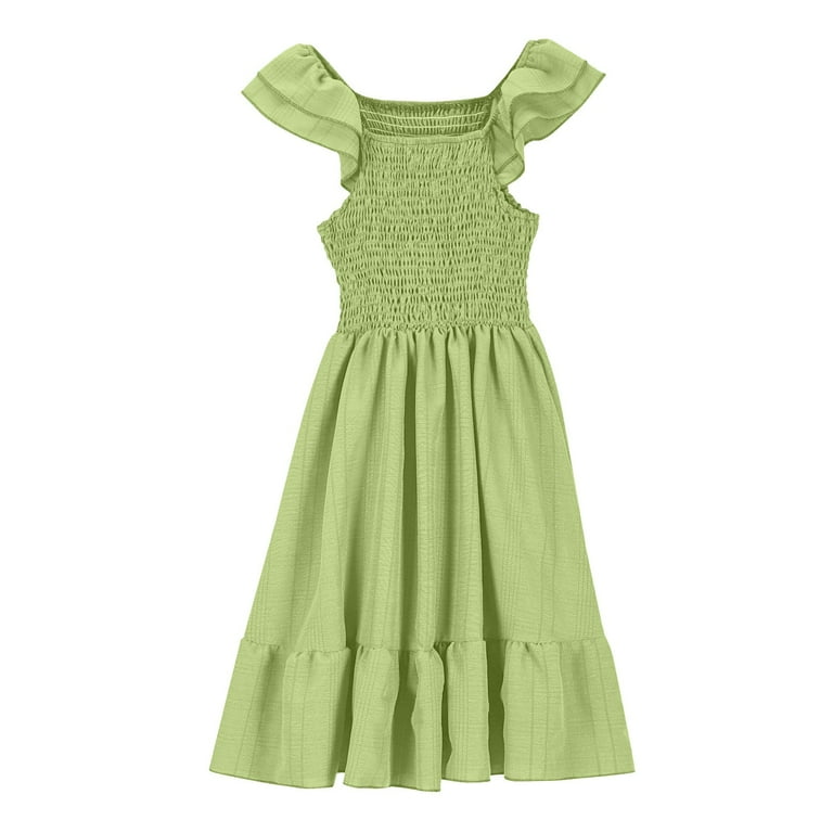 Gelikeya Milkmaid Dress for Girls Flowy Boho Dress Square Neck Flutter Sleeve Graduation Dress Solid Color Summer Casual Dresses (Kids, Light Green, 7