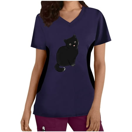 

kakina CMSX Clothing Womens Tops Trendy Fashion Print V--Neck Short Sleeve Patchwork T-Shirt Printing Loose Tops Summer Blouses Casual Dark Blue XXXL