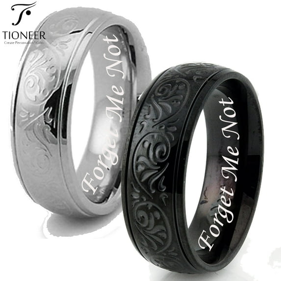 Stainless Steel 316L Embossed Filigree Floral in Silver or Black Wedding Band Promise Ring Comfort Fit 8MM Forget Me Not Engraved