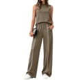 thumbnail image 3 of Womens 2 Piece Lounge Set Summer Travel Outfits Sweatsuit Mock Neck Tank Top Wide Leg Pants with Pockets Casual Activewear Light Brown XL, 3 of 4