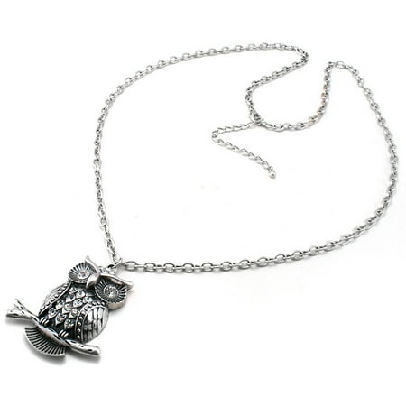 Eyed Owl Pendant - Large Owl Guardian with Crystal Eyes Pendant with Extra-Long 32
