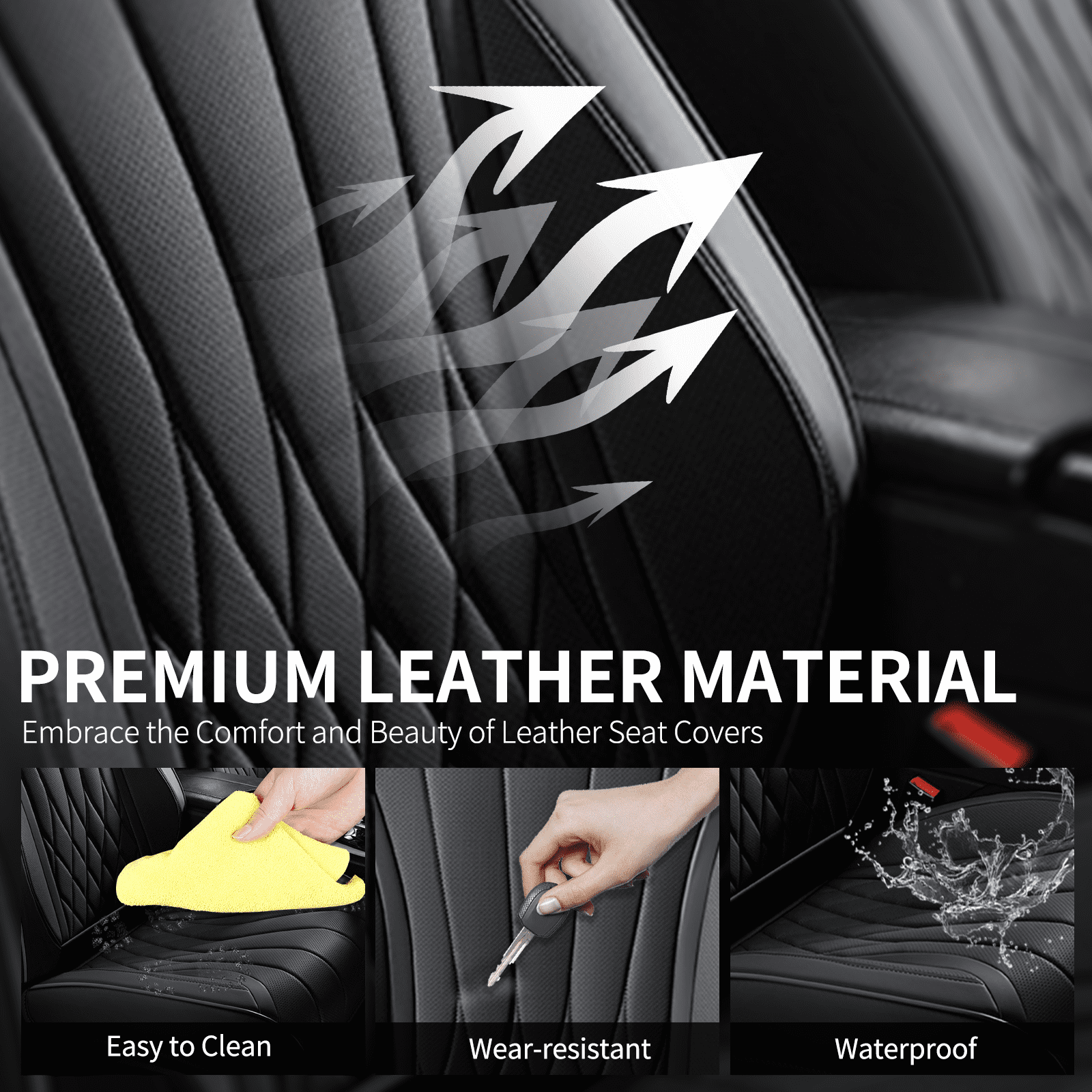 Coverado Car Seat Covers Full Set, Premium Leather Front and Rear Seat Protectors, Sleek Design Universal Fit for Most Cars, Black