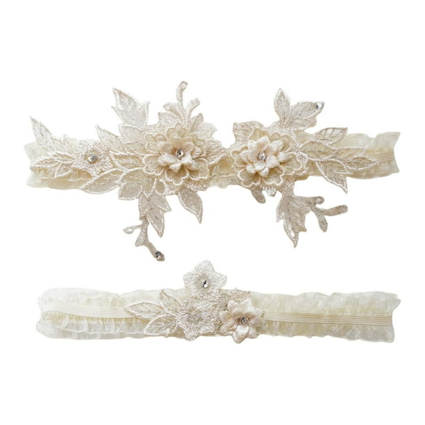 2 Pieces Bridal Garter Wedding Garter Stretch Flower Pattern for  Anniversary Beige 