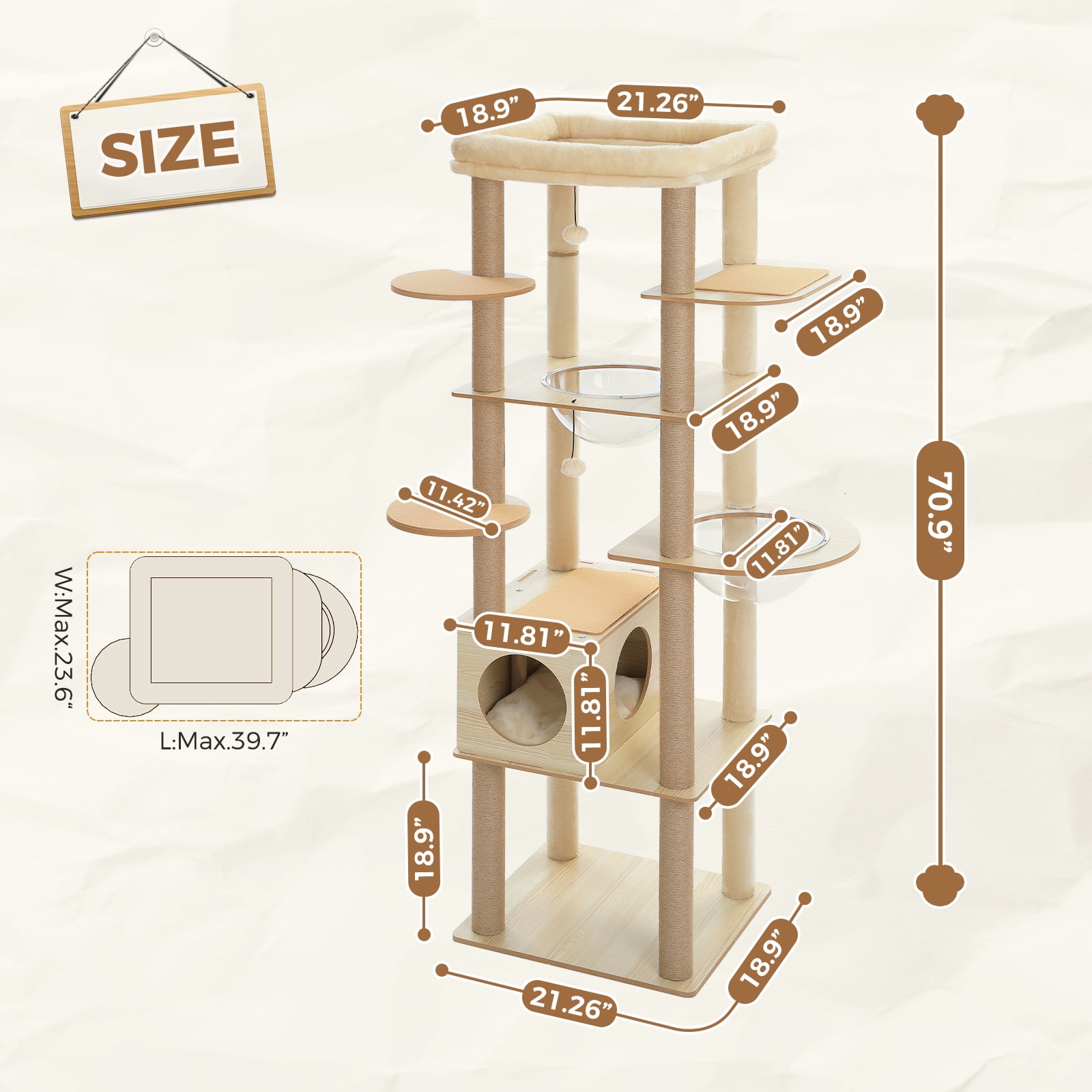 PEQULTI 71" Wood Cat Tree Large Cat Tower with Acrylic Bowl & 10 Sisal Scratching Posts Beige Indoor
