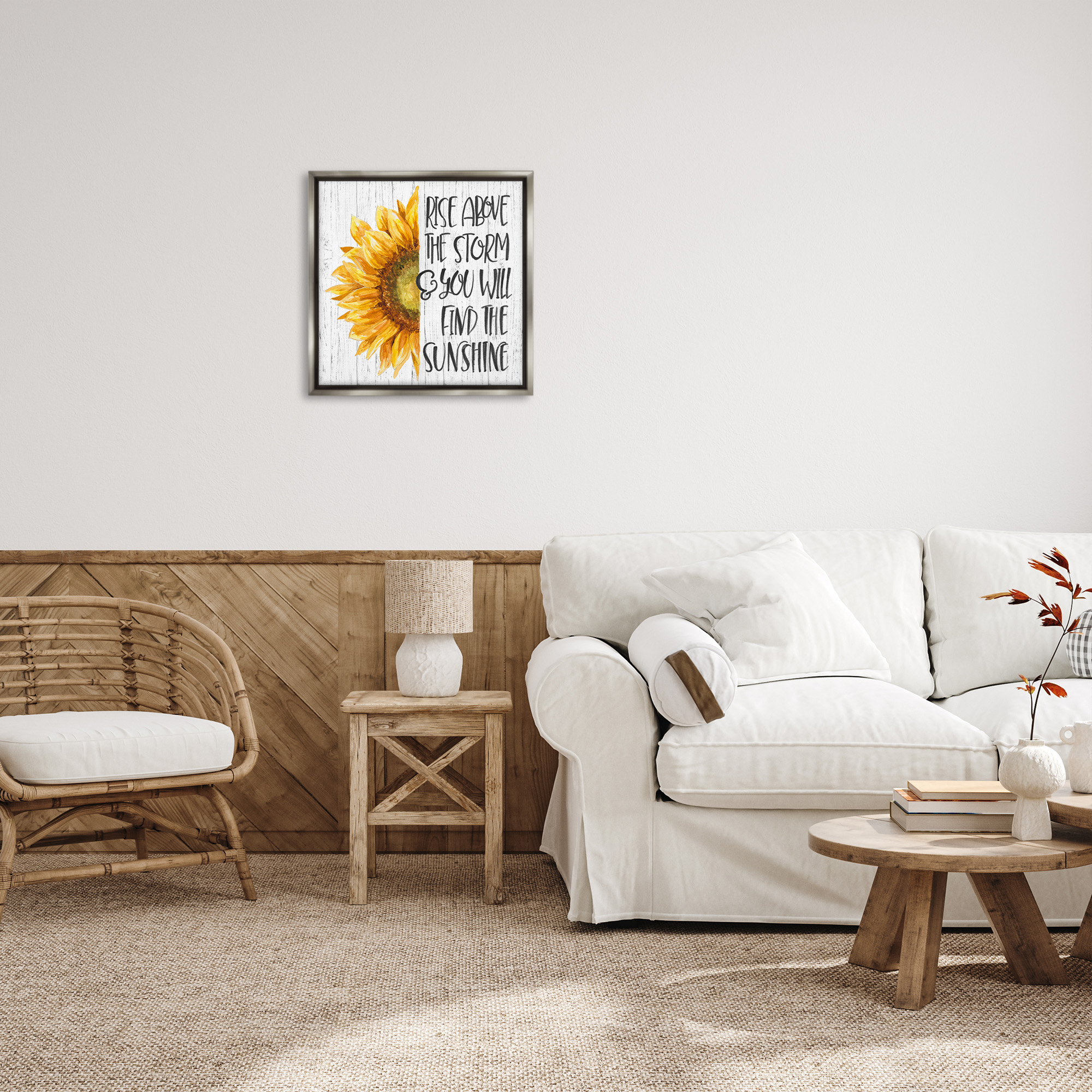 Stupell Industries Find Sunshine Motivational Sunflower Botanical & Floral Painting Gray Floater Framed Canvas Art Print Wall Art, 25 x 25