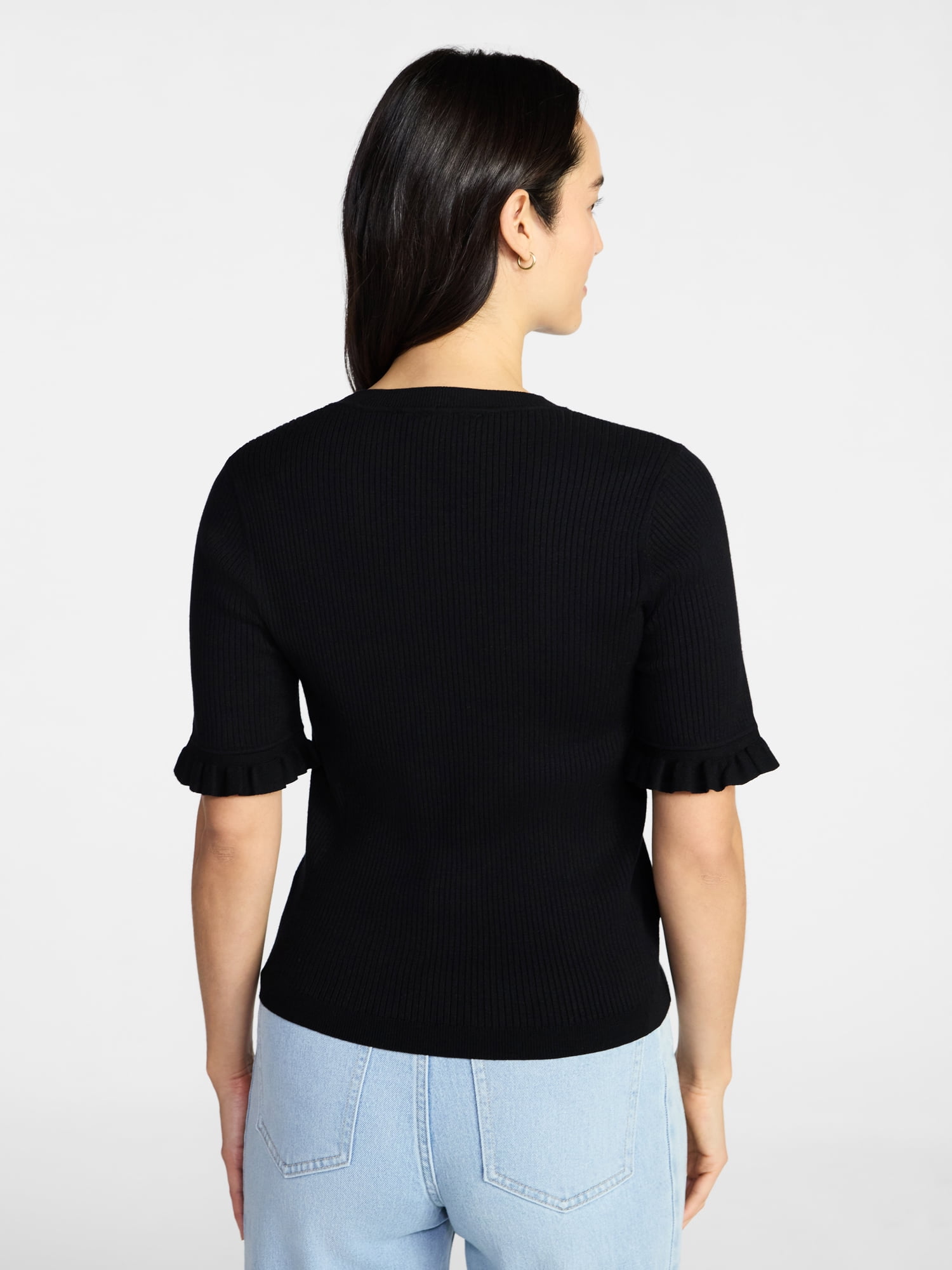 Time and Tru Women's Ribbed Sweater with Flounce Sleeves, Midweight, Sizes XS-XXXL