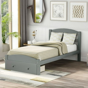 Wood Platform Bed Frame with Storage Drawer and Wood Slat Support/No Box Spring Needed/Easy Assembly, Twin, 79.5"L X 41.3"W X 36.1"H, Gray
