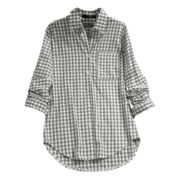 DondPO Womens tops Women's Plaid Lapel Long Sleeve Vintage Shirt top Shirts for Women Linen Shirts for Women Gray 5XL Clearance!