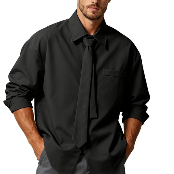 Cmfcve Plus Size Long Sleeve Button Down Shirts for Men Solid Collared Pocket Dress Shirts Loose Fit Breathable Casual Business Shirts with Matching Tie