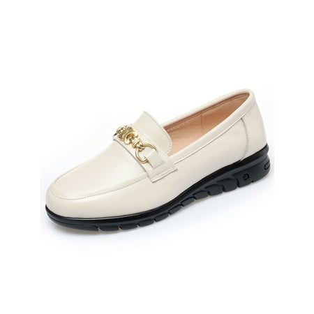 

Gomelly Womens Lightweight Leather Shoes Anti-Slip Flats Driving Work Breathable Low Wedge Heel Dress Shoe Beige-2 5.5