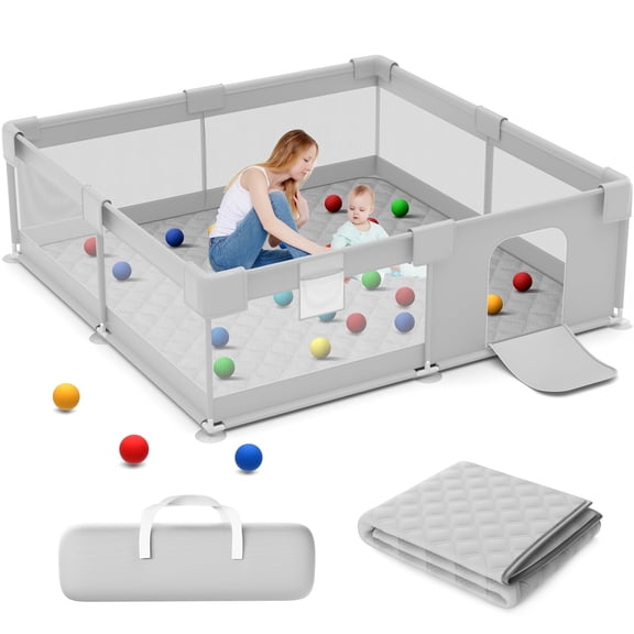 Babyeap Baby Playpen With Mat,50"x50"Play Pen for Babies and Toddlers,Play Yard With Gate for Indoor Outdoor,Light Gray