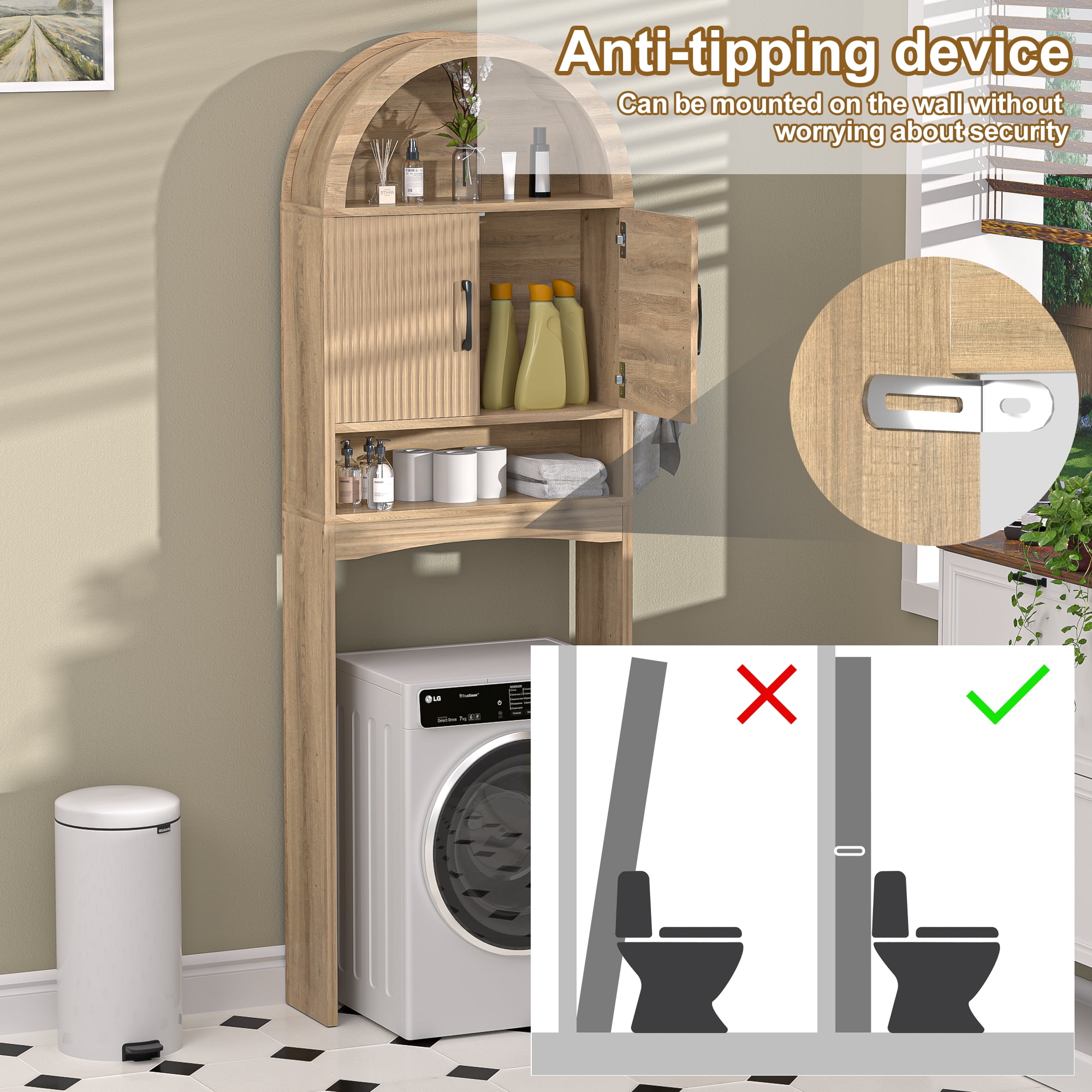 HARIPUL Over Toilet Storage Cabinet, Bathroom Space Saver Organizer with Doors and Shelves, Freestanding,  Wood Color