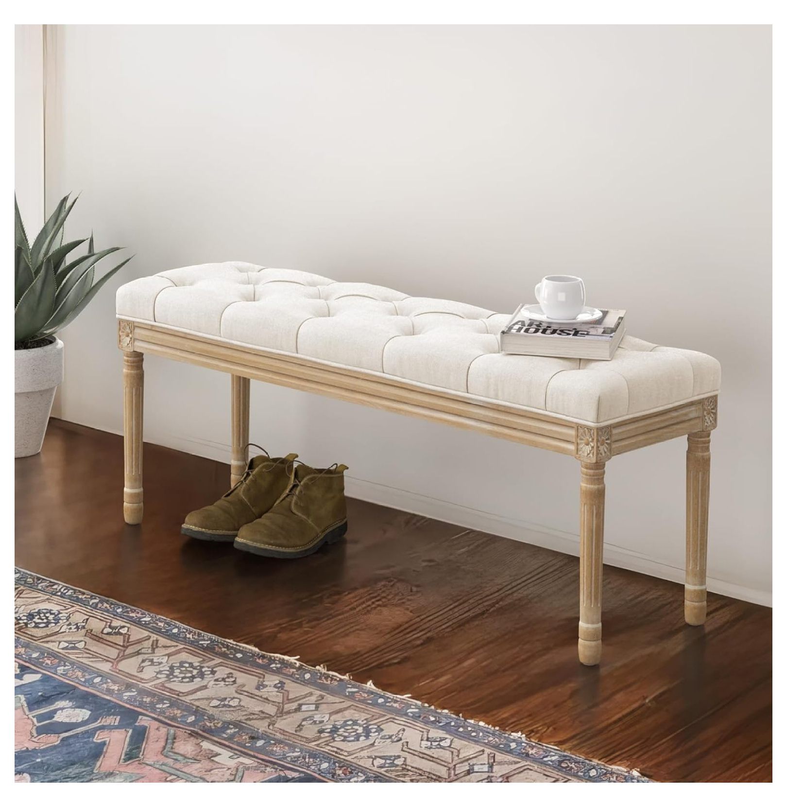 44" Bedroom , Vintage French Tufted End of Bed , Upholstered Fabric Ottoman with Carved Wood Legs for Bedroom,Dining Piano Stool for Living Room,Foyer, Beige