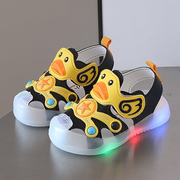 EliteGoogv Girls Light Up Shoes Cartoon Duck Design Closed Toe Sandals For Toddler LED Flashing Soft Sole Summer Beach Shoes Black 12-18 Months