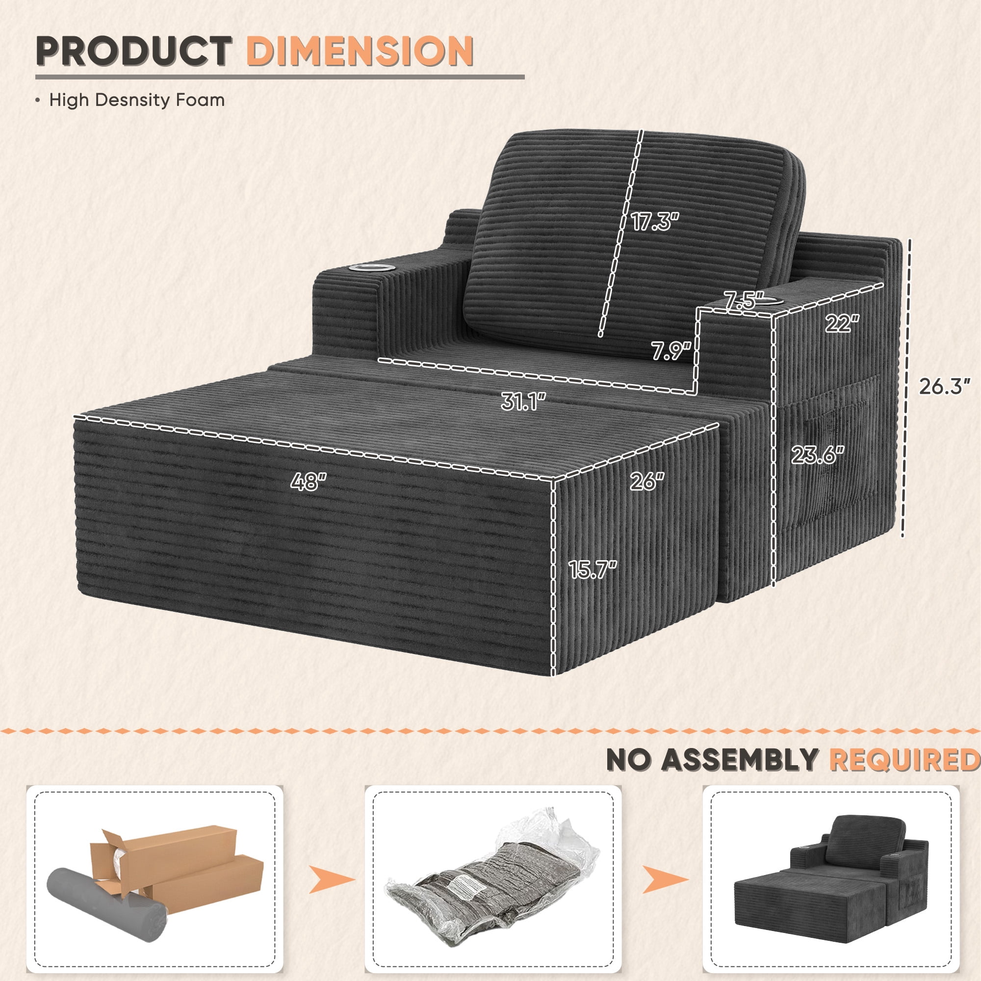 Homall Oversized Boneless Sofa Chair Deep Seat Sleeper Sofa Chaise Lounge Chair Indoor for living room,Black