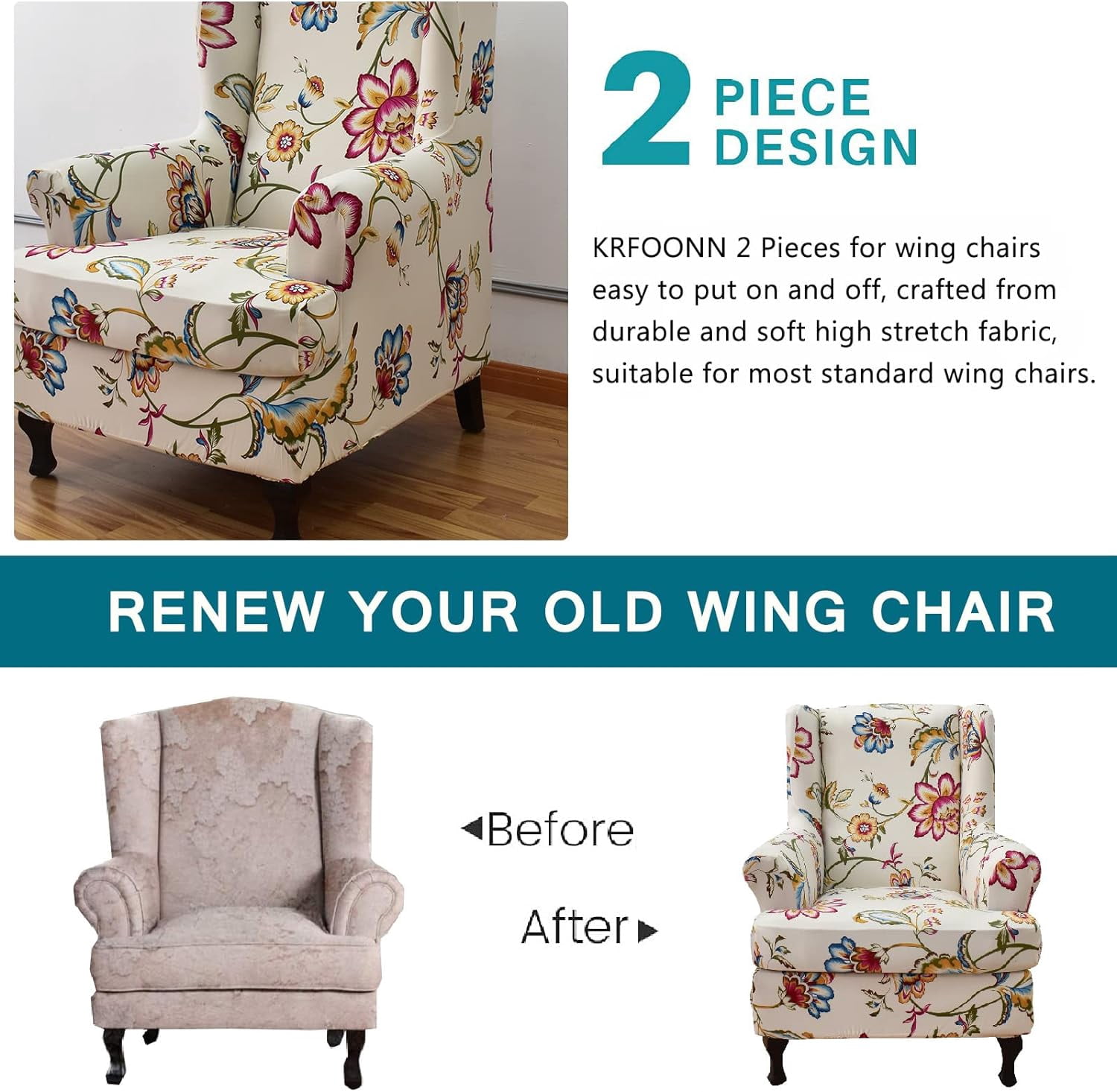 PTSPLLMY Waterproof Wingback Chair Slipcover 2-Piece Stretch Wing Chair Covers Printed Wingback Armchair Slipcover Soft Sofa Covers Furniture Protector Chair Covers for Living Room Armchair, B8