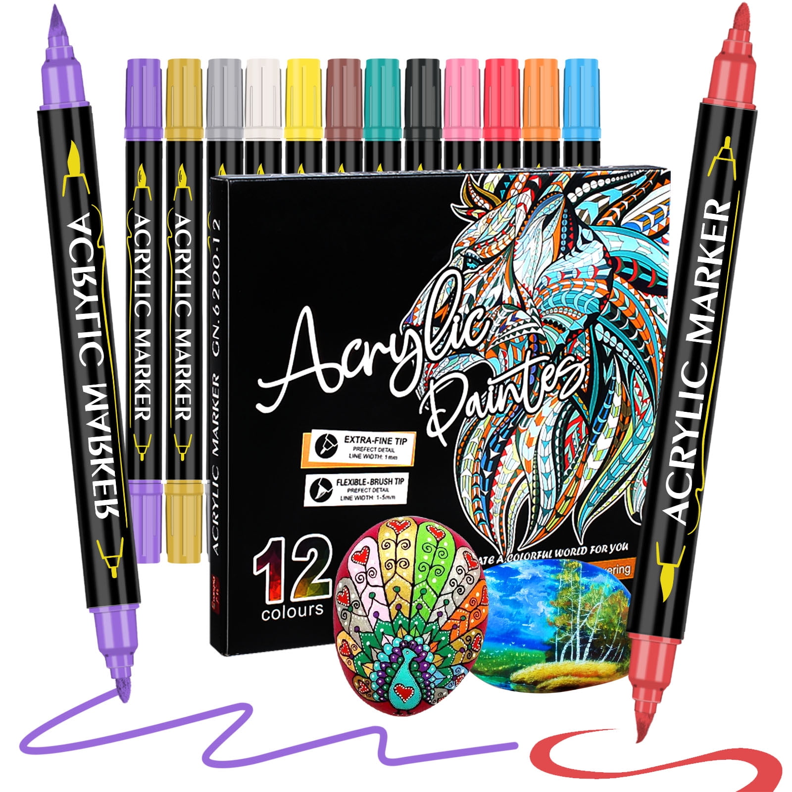 Acrylic Paint Marker Pens 12 Colors, Premium Fine and Brush Point