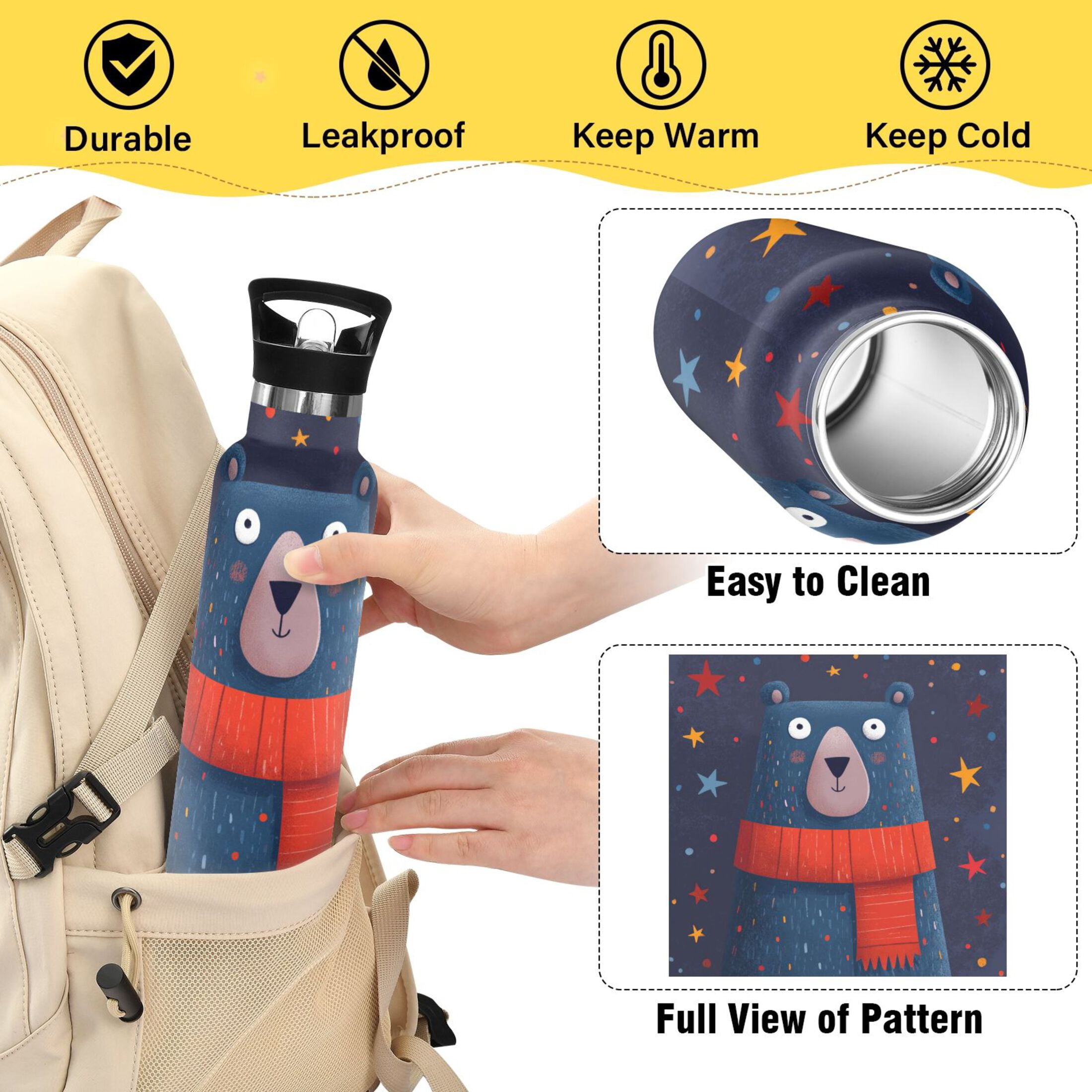 600ML Stainless Steel Insulated Cup Sports Water Bottle Portable Thermos Cup Water Glasses Insulated Tumblers Convenient and Durable Christmas Blue Bear