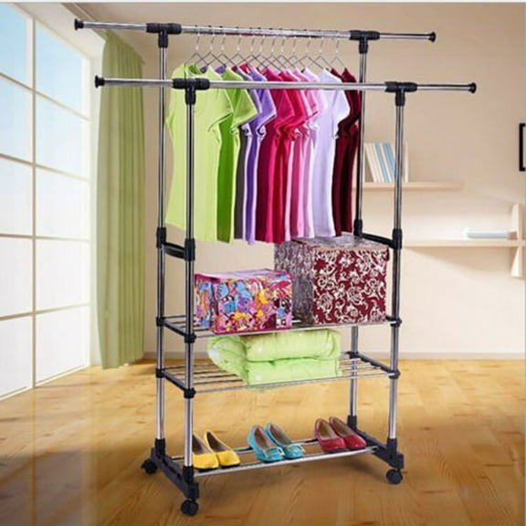 Ktaxon Rolling Clothing Garment Rack Adjustable Height Double Hanging Rails with 3-Tier Shelves