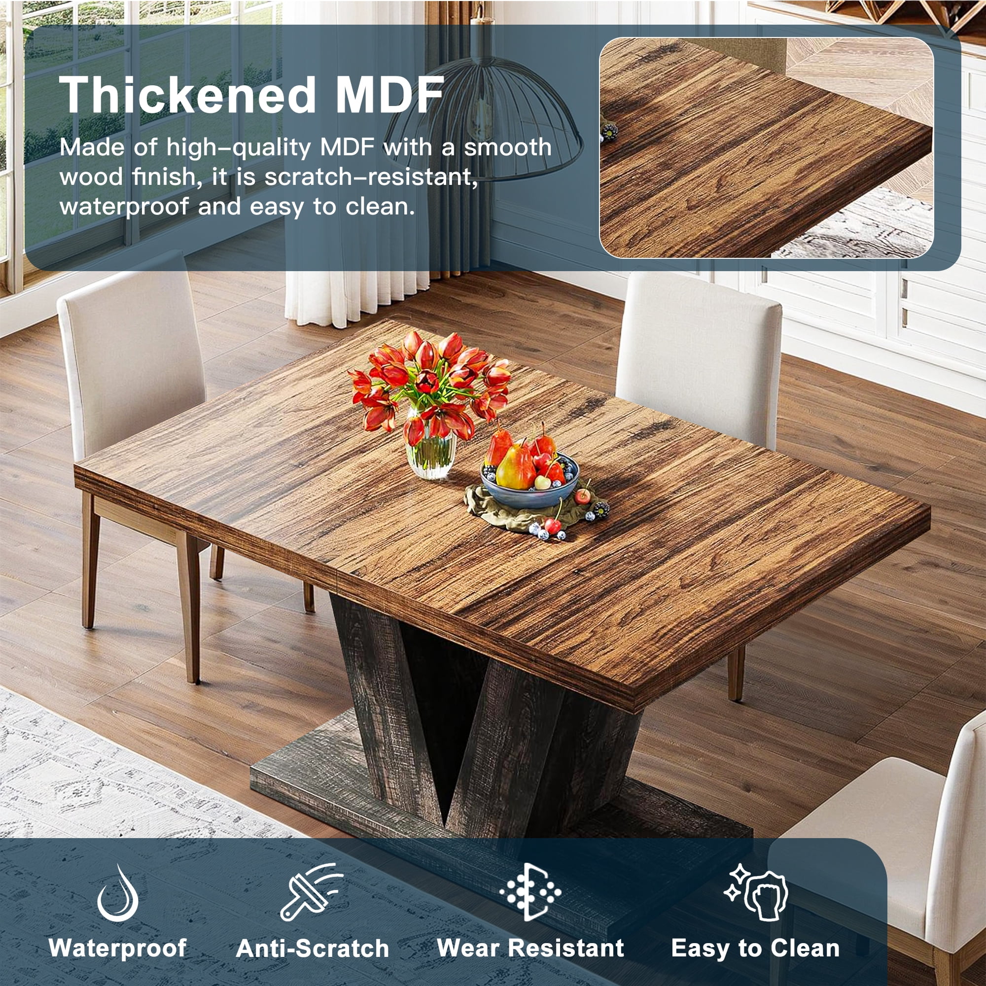 Demi Bonn 47" Farmhouse Dining Table, Wood Rectangular Kitchen Table with Duty Pedestal for Dining Room, Home Office, Living Room Furniture, Brown & Black