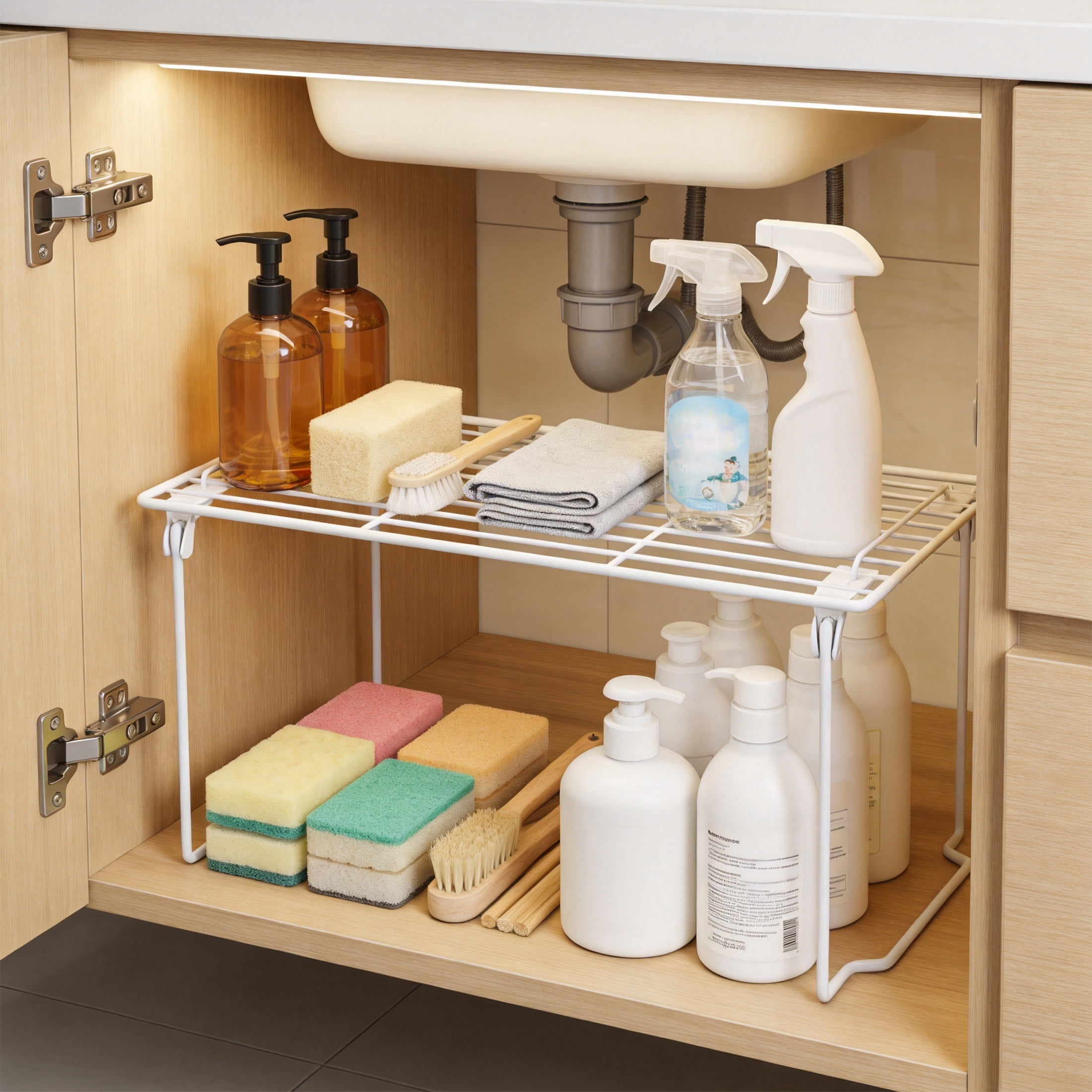 Stackable Wire Kitchen Storage Shelf, Foldable Rack Cabinet Organization Storage Shelves for Counter Cabinet Pantry