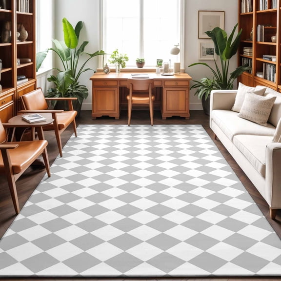 Large Area Rugs 8'x10', Grey Plaid Carpet Runner Indoor Outdoor Rugs Home Decor Aesthetic, Modern Minimalist Geometric Gingham Checkered Non Slip Mats Washable Accent Rug for Living Room Bedroom