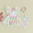 thumbnail image 2 of Bagilaanoe Newborn Easter Outfits Baby Girl Rompers Dress Plaid Print Fly Sleeve Bodysuits + Headband + Socks 3M 6M 12M 18M Infant Patchwork A-line Dresses, 2 of 7