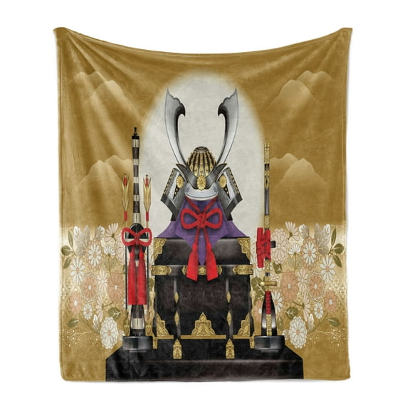 Japanese Soft Flannel Fleece Throw Blanket, Antique Ornamental Box of Archer with Gear and Arrows with Flowers at Sunset, Cozy Plush for Indoor and Outdoor Use, 50" x 60", Yellow Black, by Ambesonne