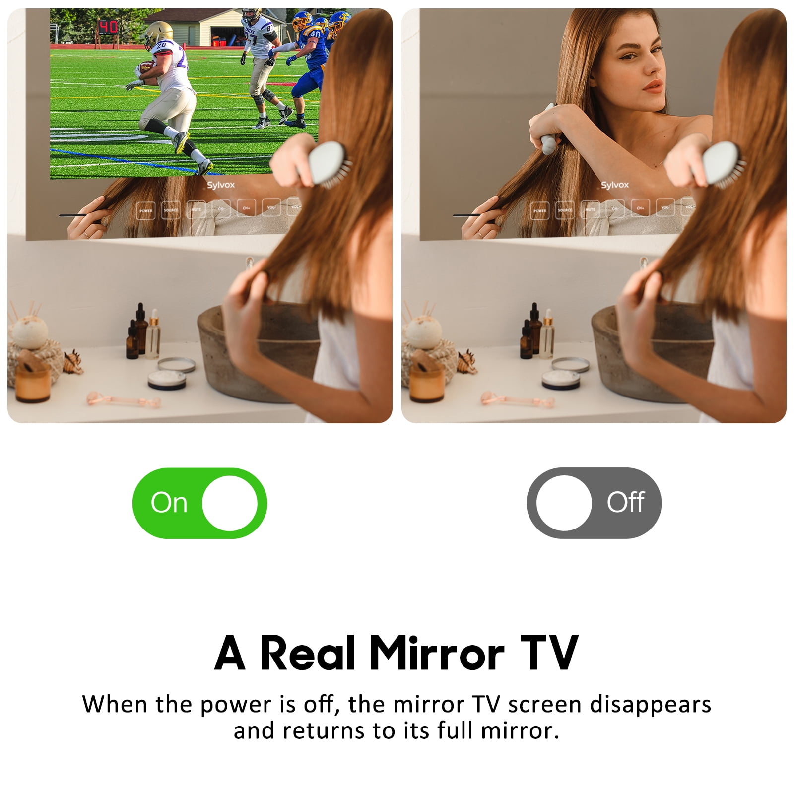 Sylvox 24" Bathroom TV, Smart Mirror Television with Google TV OS, 1080P HDR10 500nits, NTSC,ATSC,IP66 Weatherproof for Bathtub Shower, Embedded