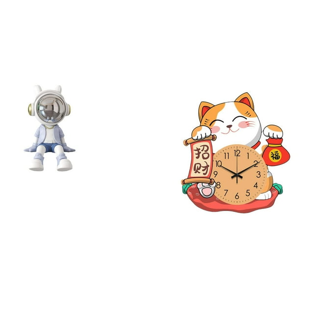 Figura de escritorio,Estante con estatua de astronauta para decoración de oficina y hogar,Reloj de pared,Reloj de pared silencioso para amantes de los gatos,Bonito reloj de pared para