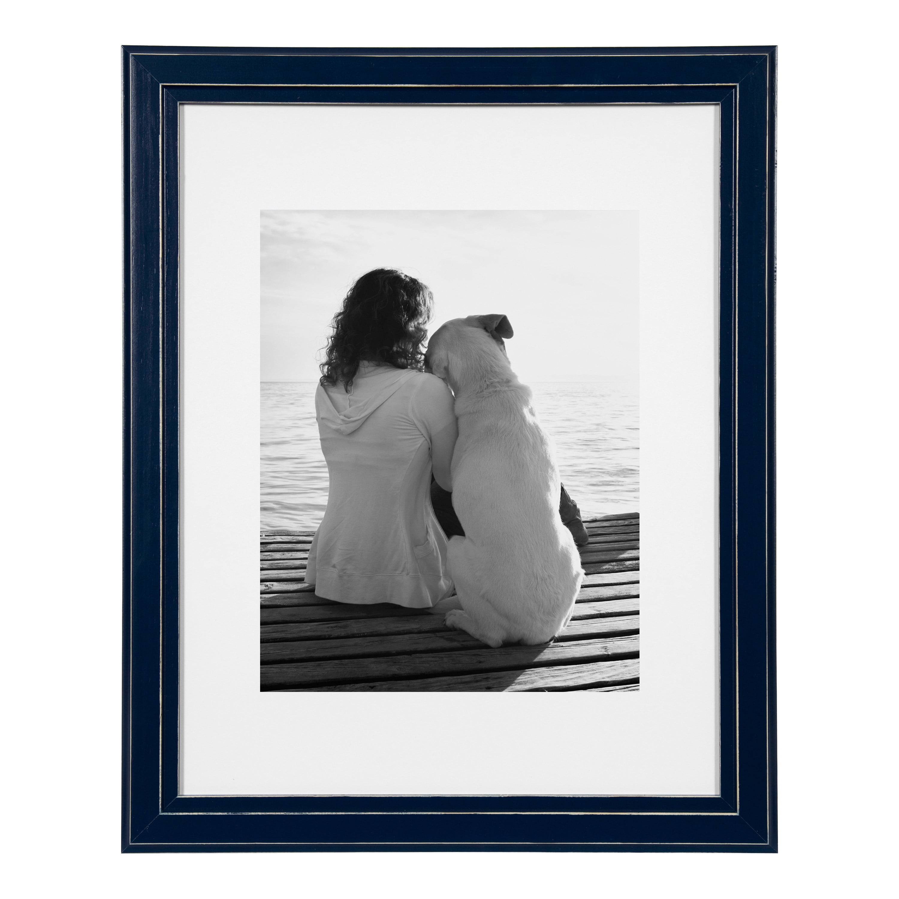 DesignOvation Kieva Solid Wood Picture Frames, Distressed Navy Blue 11x14 matted to 8x10, Pack of 4