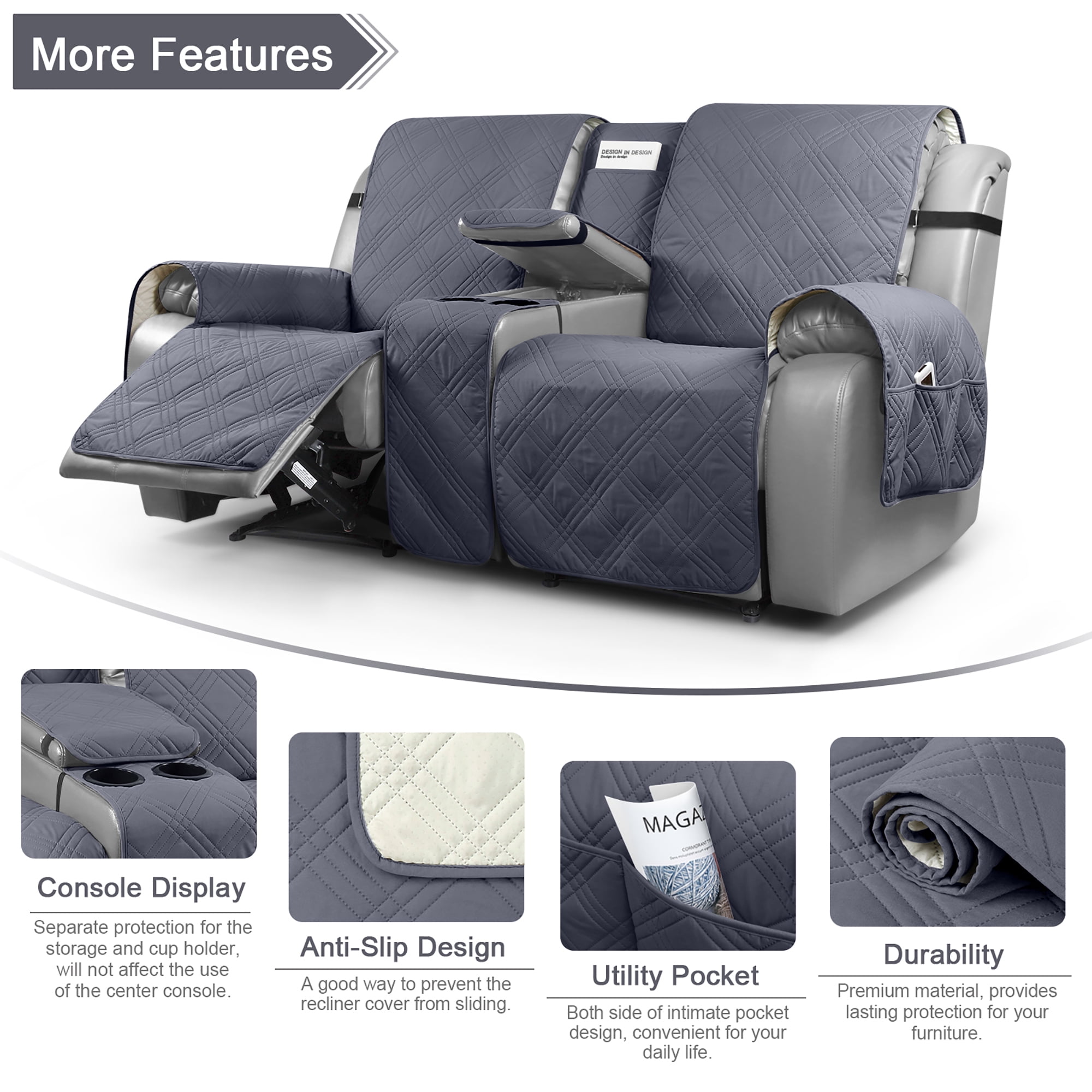 TAOCOCO Waterproof Loveseat Recliner Cover with Console, Non-Slip Pet Slipcover for Dual Loveseat Recliner Split Reclining Loveseat Cover,Dark Gray