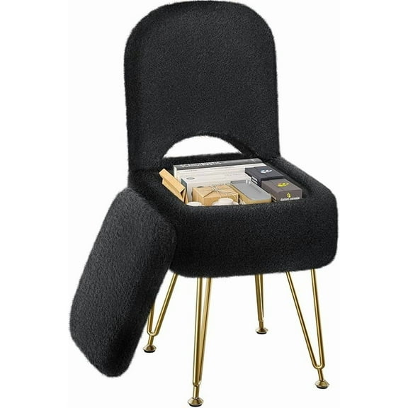 Small Vanity Stool Chair with Storage and Folding Back, 13.4" x 15" x 30" Square Faux Fur Soft Ottoman, 4 Metal Legs with Anti-Slip Feet, Furry Padded Seat for Makeup