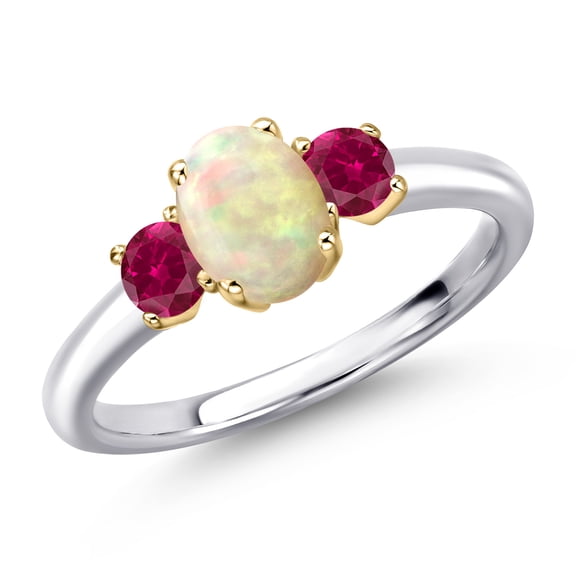 Gem Stone King 10K Two Tone Gold White Ethiopian Opal and Red Created Ruby Engagement Ring for Women | 1.01 Cttw | Oval Cabochon 7X5MM | Gemstone October Birthstone | Size 7