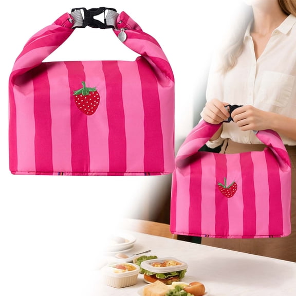 1Pcs 13.1x6.4x18.1in Large Adjustable Roll-Top Insulated Lunch Bag, Magenta Striped Strawberry Embroidery Tote, Roll-Top Thermal Food Carrier for Office & Picnic