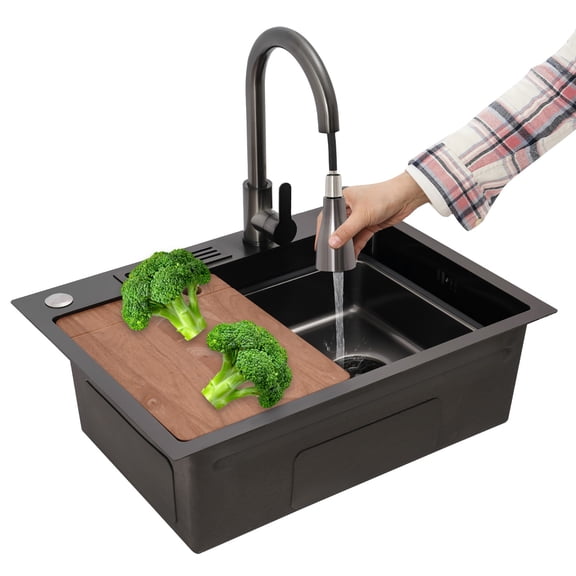 24 Inch Black Drop in Kitchen Sink Stainless Steel Single Bowl Bar Sink with Knife Holder and 360° Rotatable Pull-out Faucet Topmount Undermount Workstation Prep Sink with Cutting Board