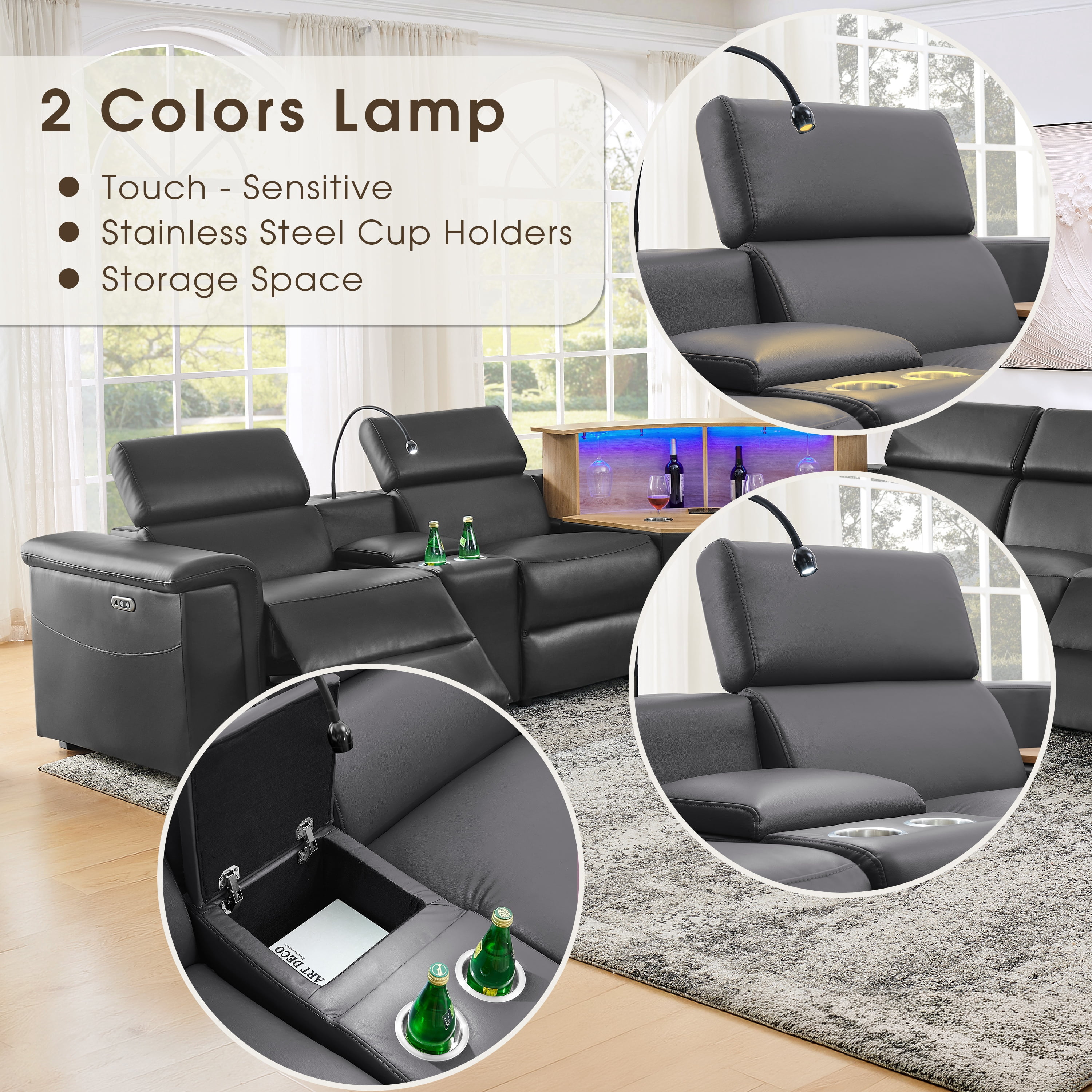 Gewnee 5-Seater Air Leather L-Shaped Sectional Power Recliner Sofa with Lift Cabinet Bluetooth Speakers LED Lights Dark Gray