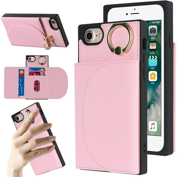 Wallet Cases for iPhone SE 2022/SE 2020/7/8 with Card Holder 4.7",PU Leather Magnetic Clasp [360° Rotatable Ring Holder Kickstand] Heavy Duty Flip Case for Women Girls,(Pink)