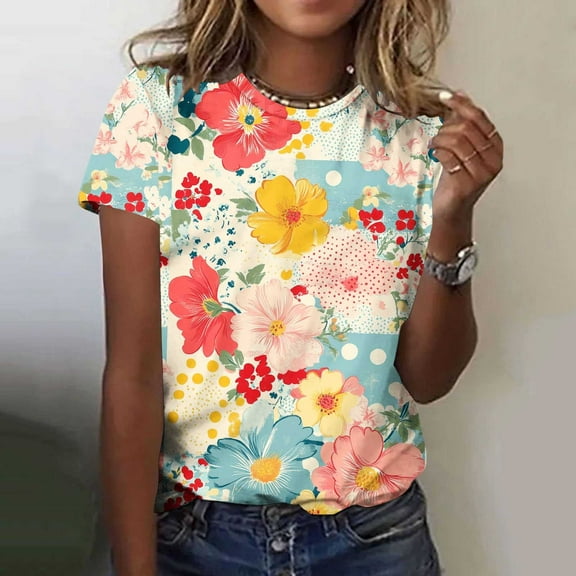 Jsaierl Womens Short Sleeve Tops Summer Vacation Shirts Round Neck Retro Ladies Blouses Fashion Floral Print T-shirts Top Plus Size S-5XL