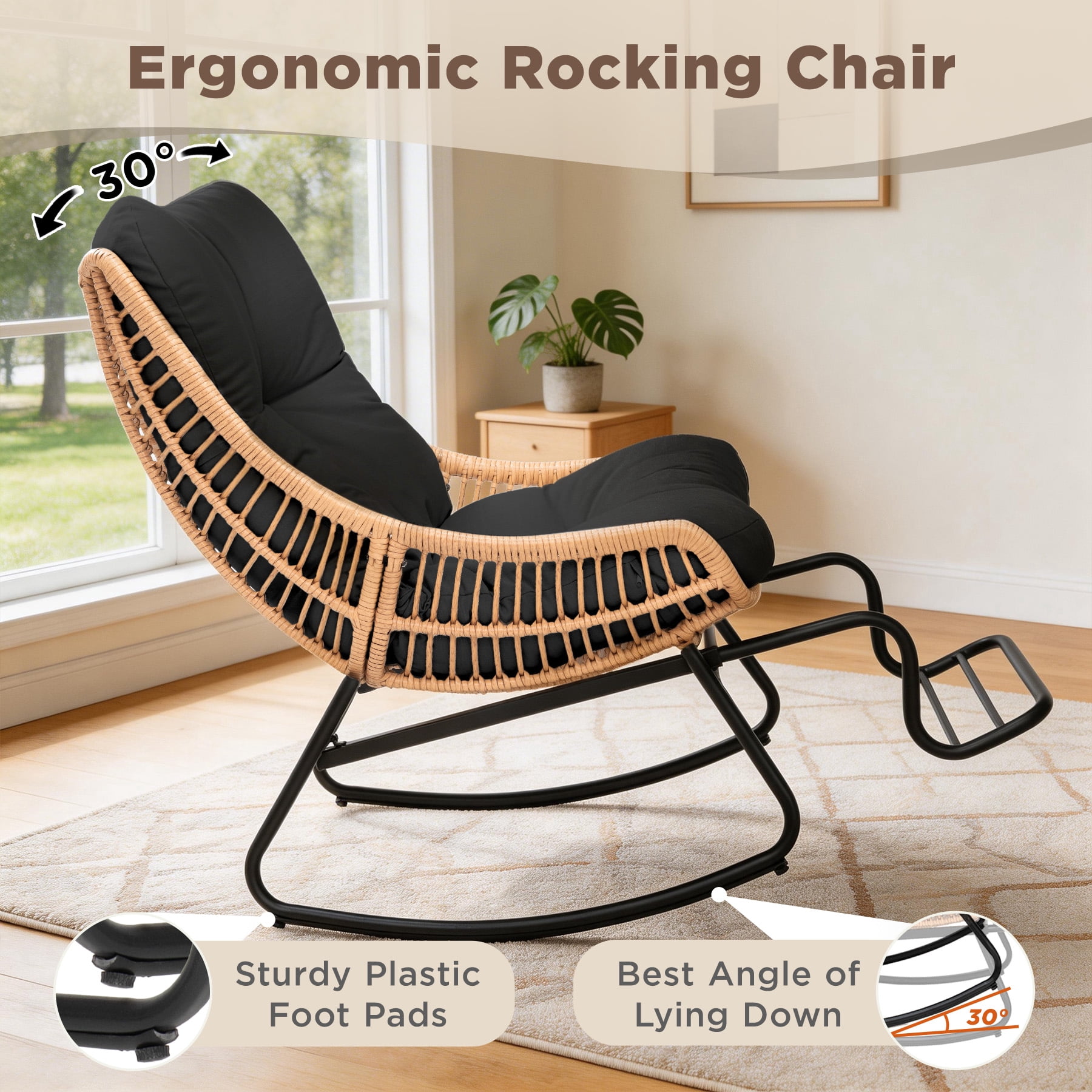 Tappio Rocking Papasan Chair with Adjustable Footrest, Outdoor Egg Rocking Chair with Thick Cushion and Steel Frame, Oversized Papasan Lounge Rocker for Garden, Porch, Living Room, Black
