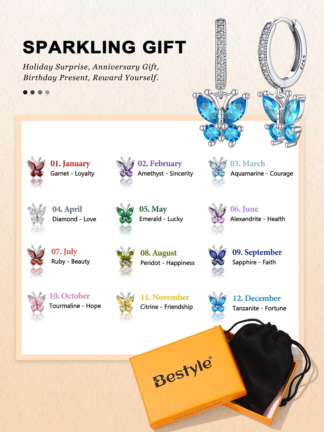 Bestyle Women Pure 925 Sterling Silver Hoop Earrings Synthetic Topaz Butterfly Birthstone Earrings for Sensitive Ear Christmas Birthday Gifts