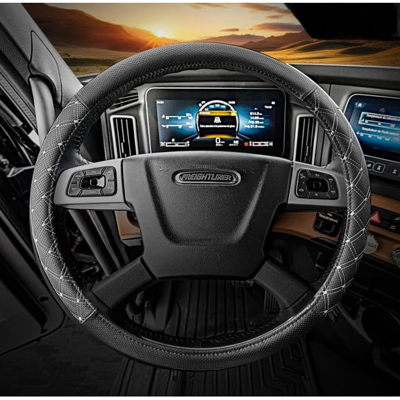 18" Truck Semi Steering Wheel Cover / Black Faux Leather / Grey Accent Stitching